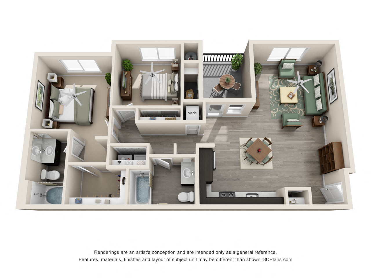 Floor plan for 2 beds, 2 baths, 1051 sqft